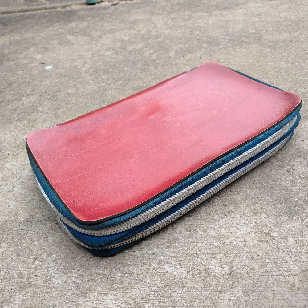 Vintage 80's Red Leather Double Zipper Pencil Case Pen Pouch Stationery Storage